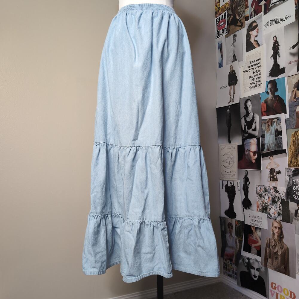 Tiered Chambray Elastic Waist Maxi Skirt